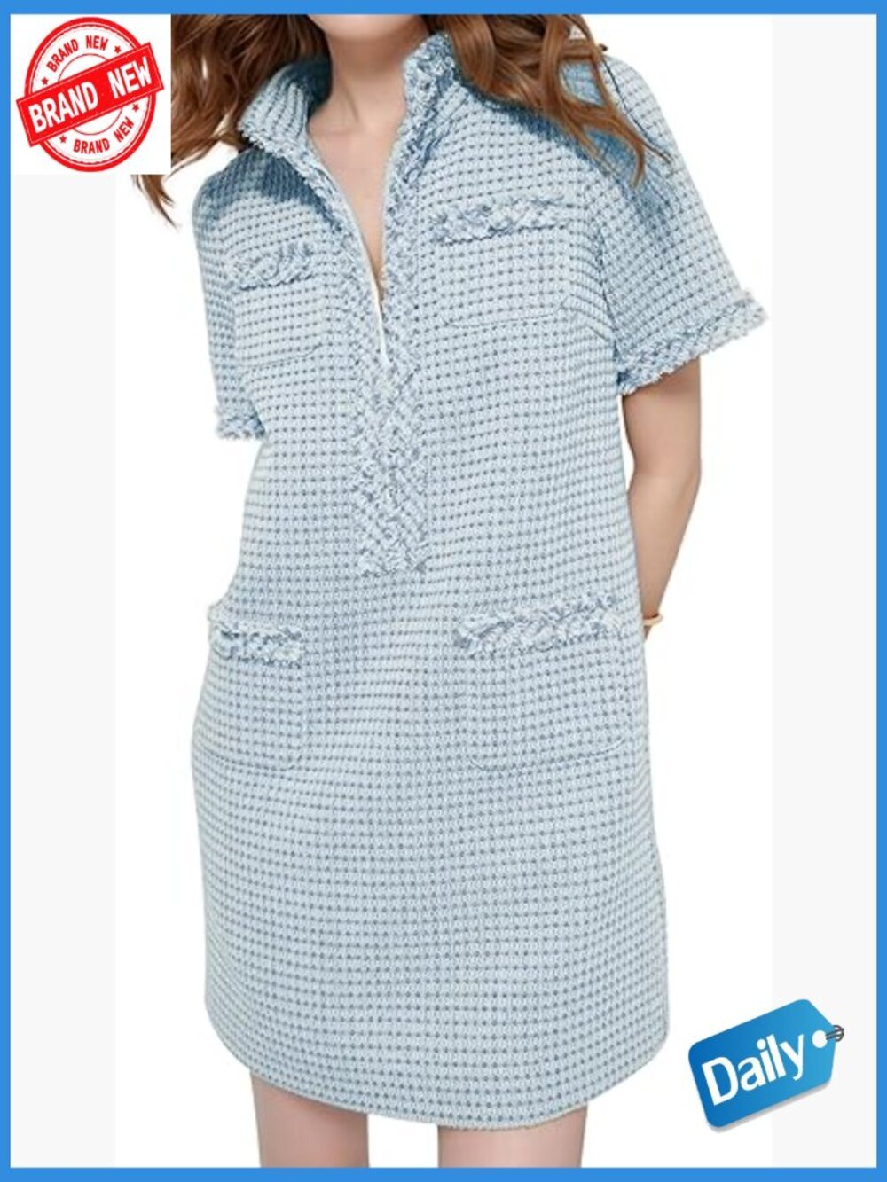 Short Sleeve Shift Mini Tweed Dress with Pockets